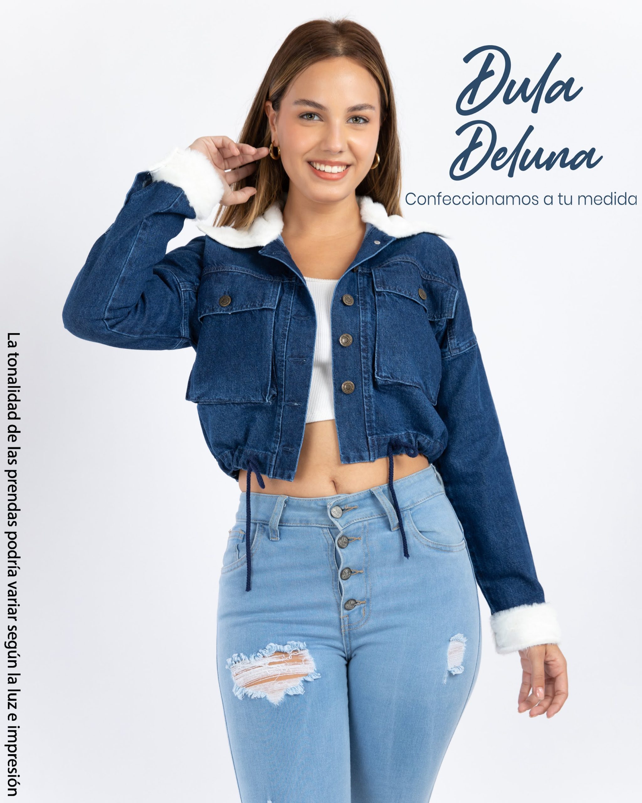 Casaca Jean de Mujer Moda Casual Cargo Crop Cotton Forrada Lady