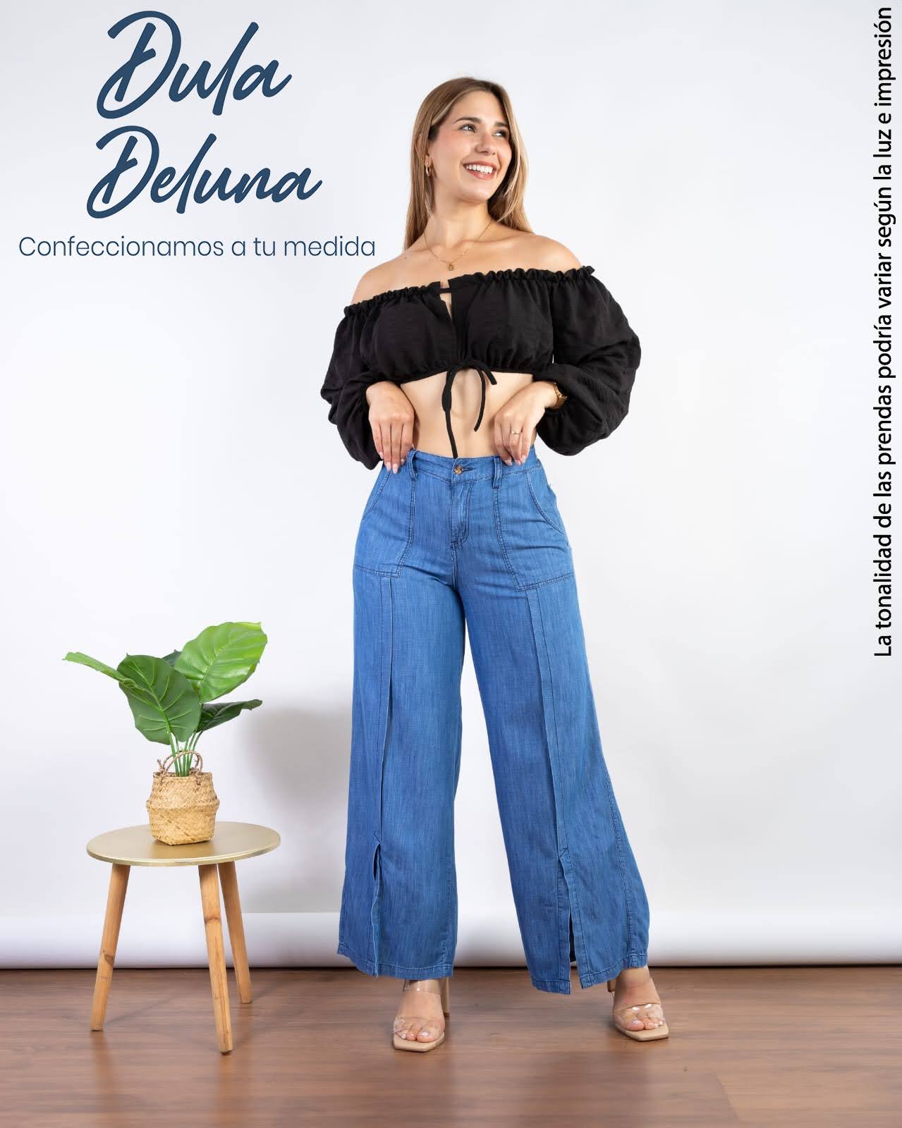 Pantalón Denim Palazo Mujer Casual Oficina Tiro Alto Mabel