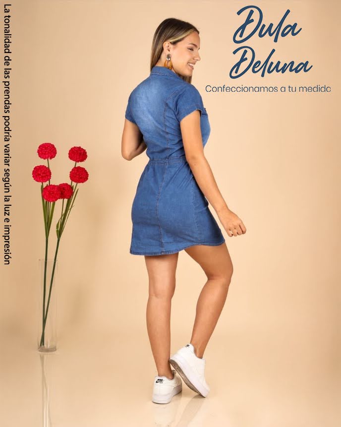 Vestido Corto Mujer Casual Elegante Denim Manga Corta Blanca