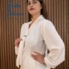 Blusa para Mujer Fiesta Blanca Lino Manga Larga con Lazo Lunares