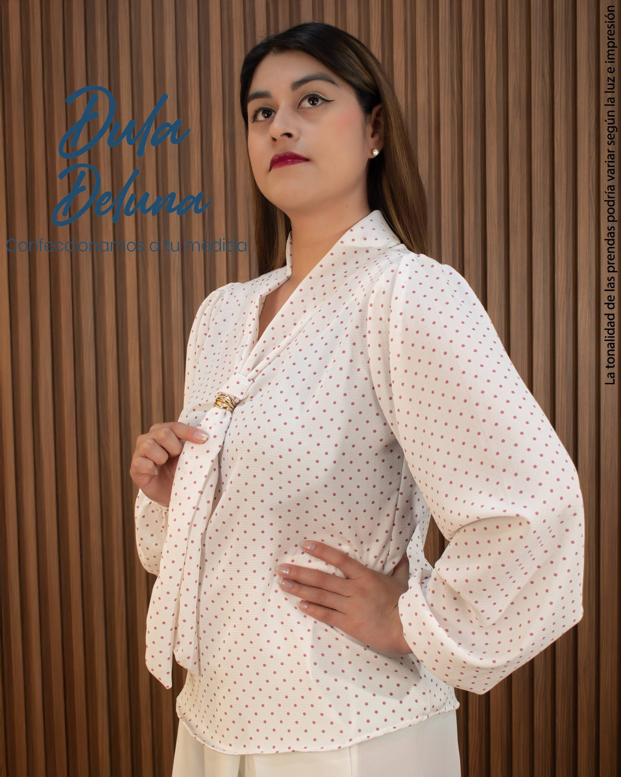 Blusa para Mujer Fiesta Blanca Lino Manga Larga con Lazo Lunares