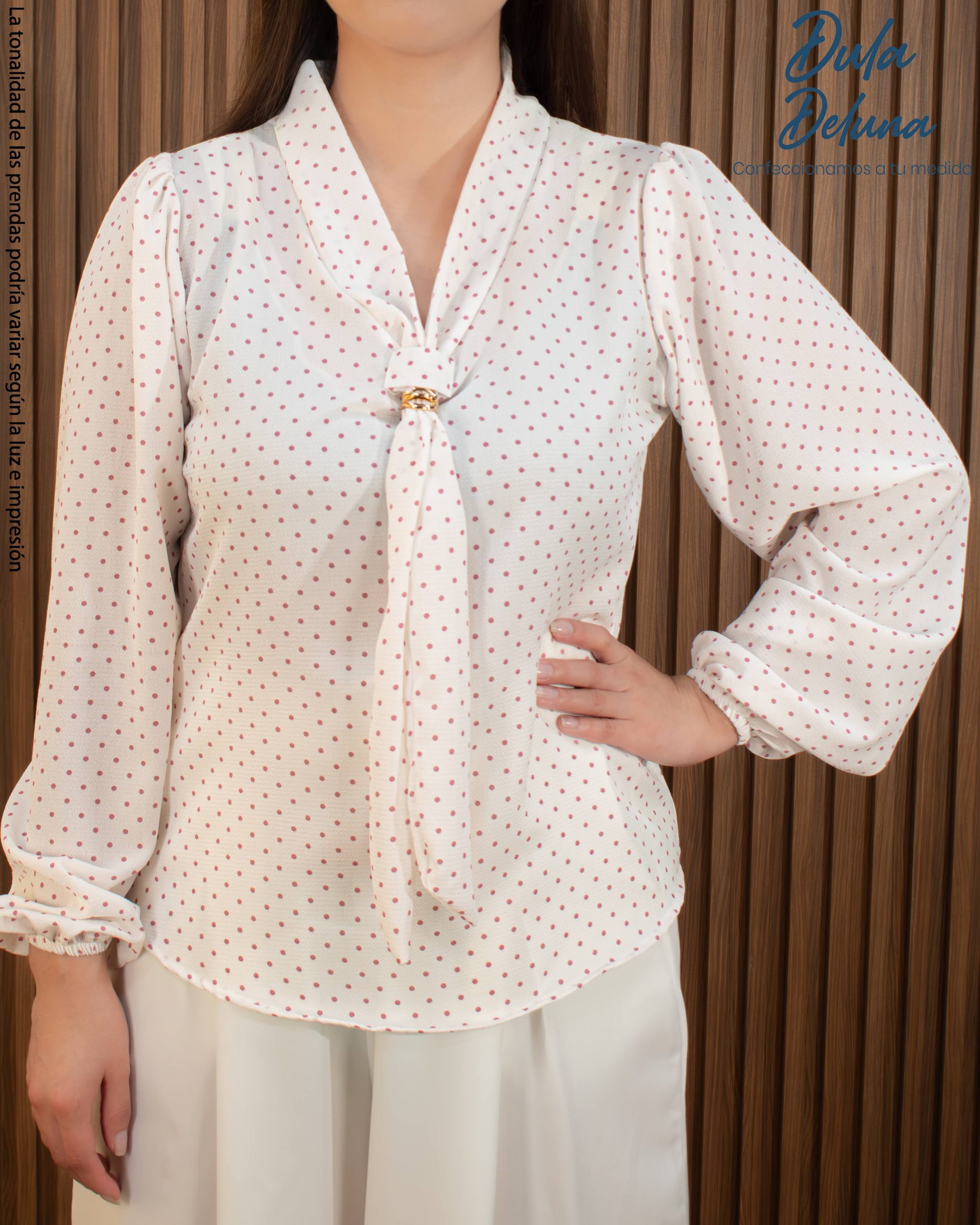 Blusa de Mujer Evento Casual Lino Manga Larga con Lazo Lunares