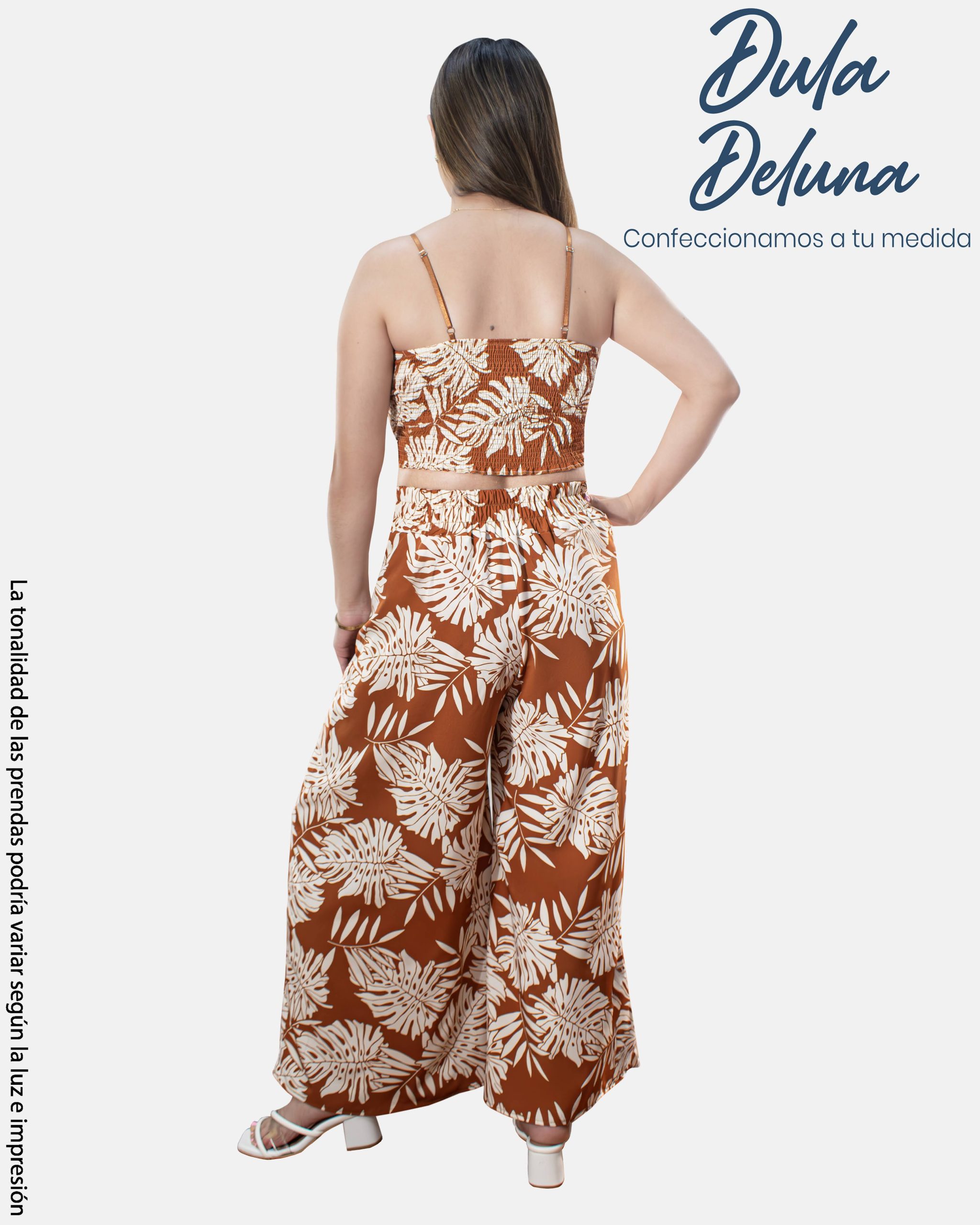 Conjunto Mujer Oficina Casual Seda Francesa Palazo + Top Tiras con Copa