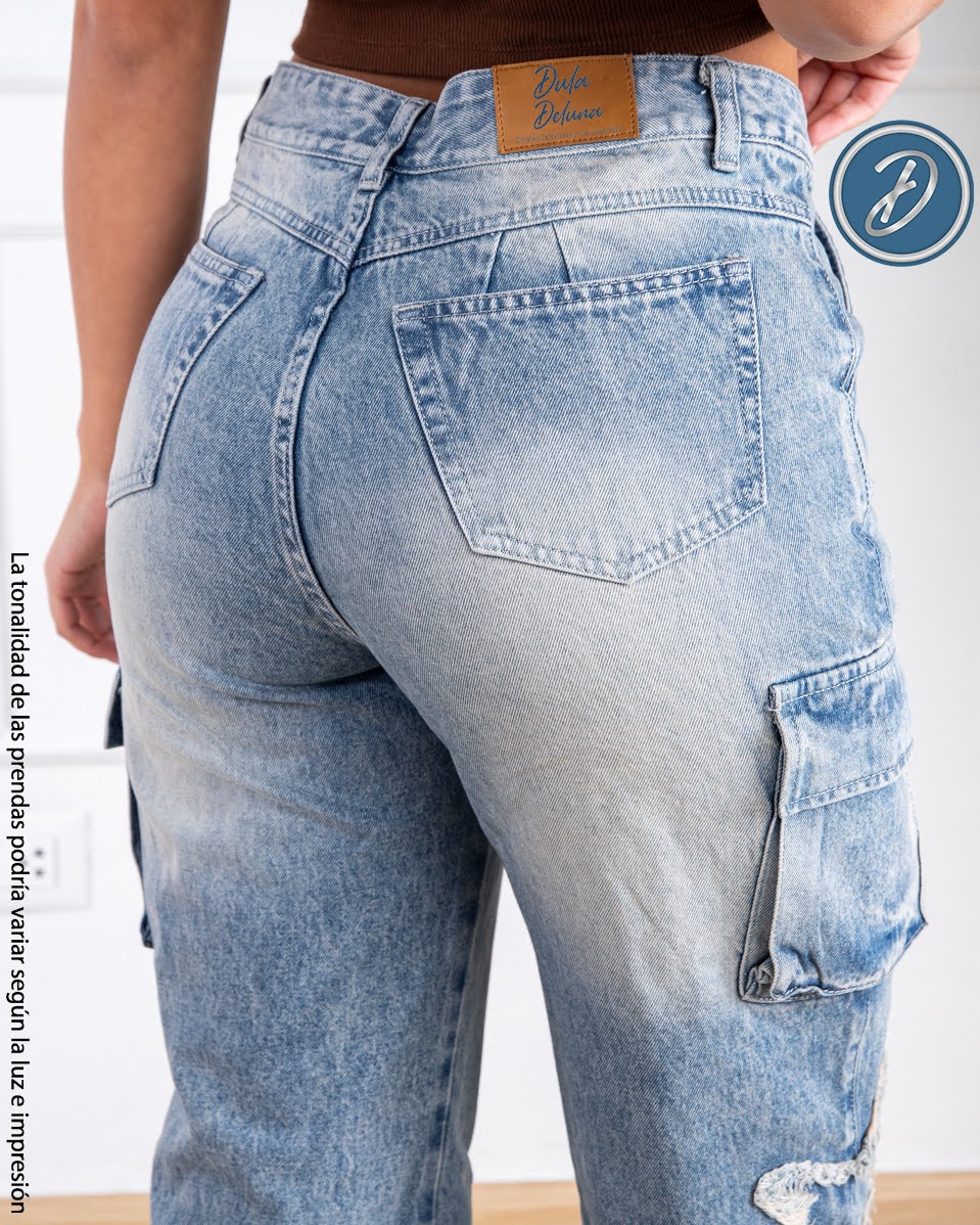 Pantalón para Mujer Jean Cargo Casual Evento Rasgado Recto Estrella