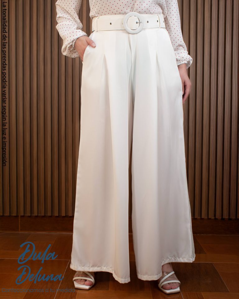 Pantalón Palazo de Mujer Fiesta Blanca Seda Francesa con Correa