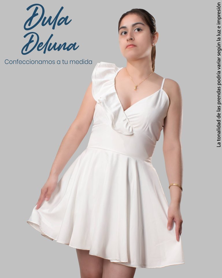 Vestido de Mujer Fiesta Blanca Corto Seda Francesa con Volante