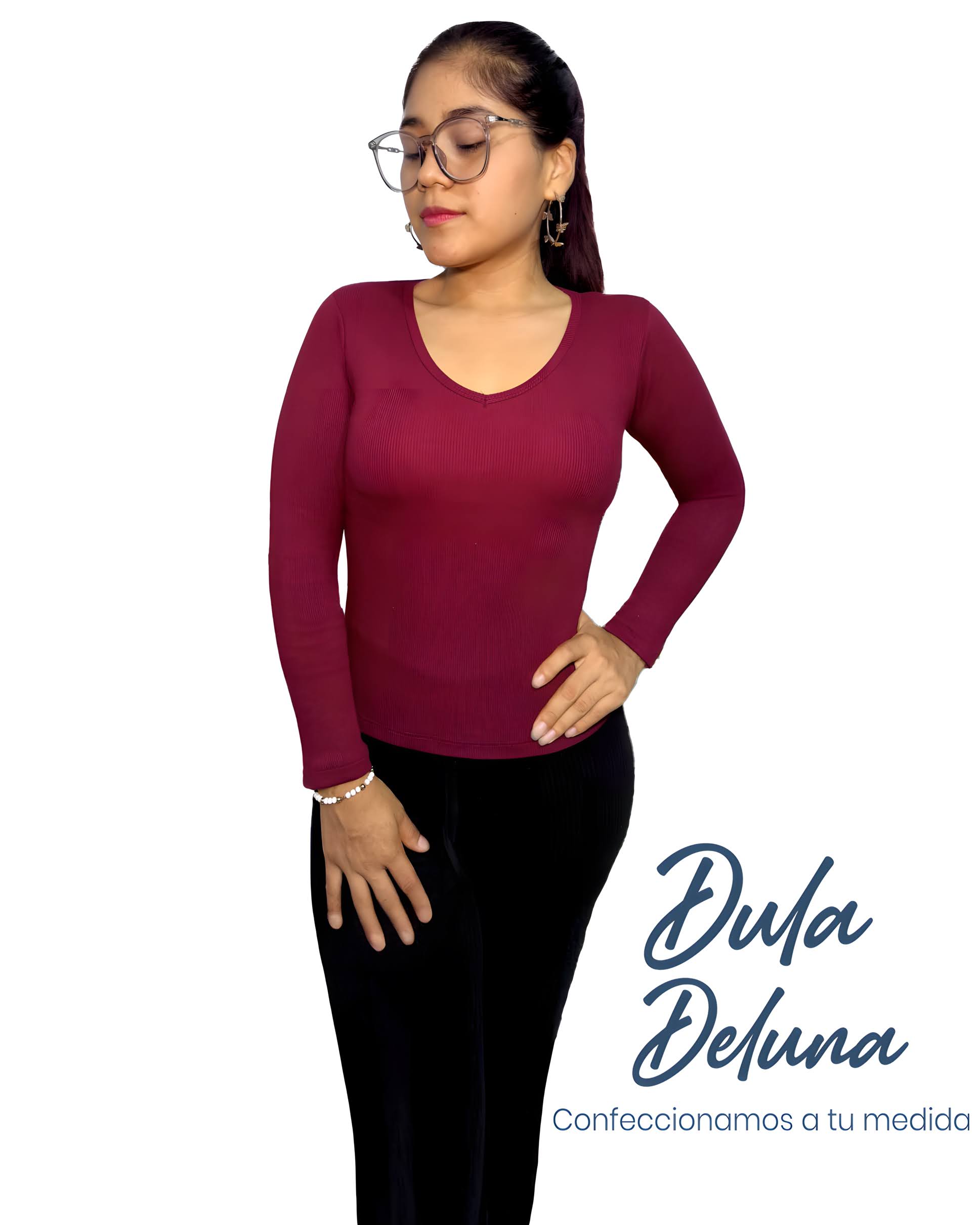Blusa Mujer Casual Urbano Rib Grueso Stretch Manga Larga Cuello V